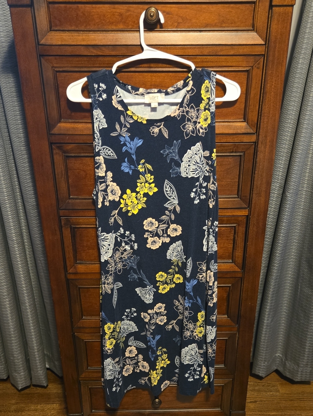 LOFT Navy Floral Midi Dress with Yellow & Cream Accents